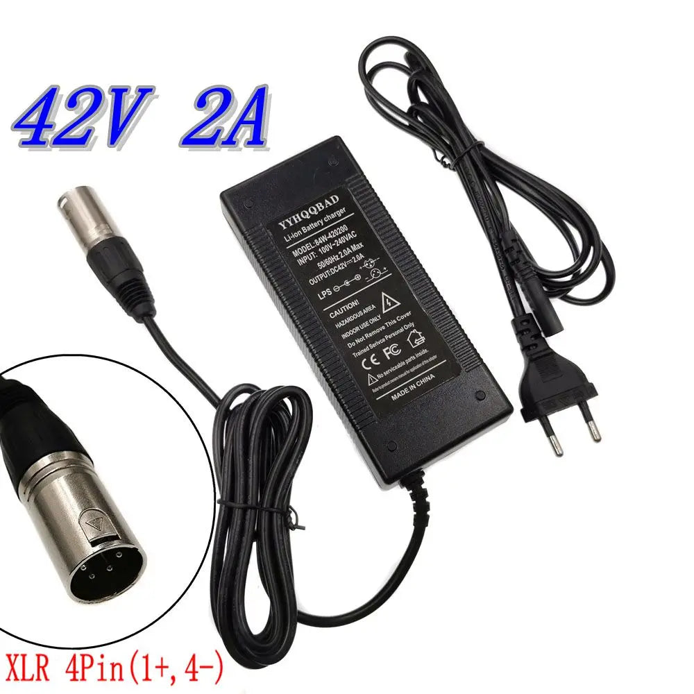 A 42V 2A YTHQOD-AD 16W wireless power adapter with a black plastic housing, featuring a European plug and an XLR connector. The image includes a circular inset showing the XLR connector detail, blue text reading '42V 2A', and red text reading 'XLR 4Pin (1+, 4-)'.