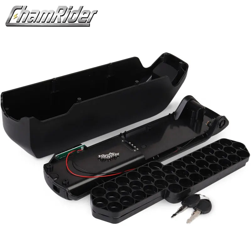 Black storage box with compartments and keys on a white background, featuring the brand 'ChamRider'.