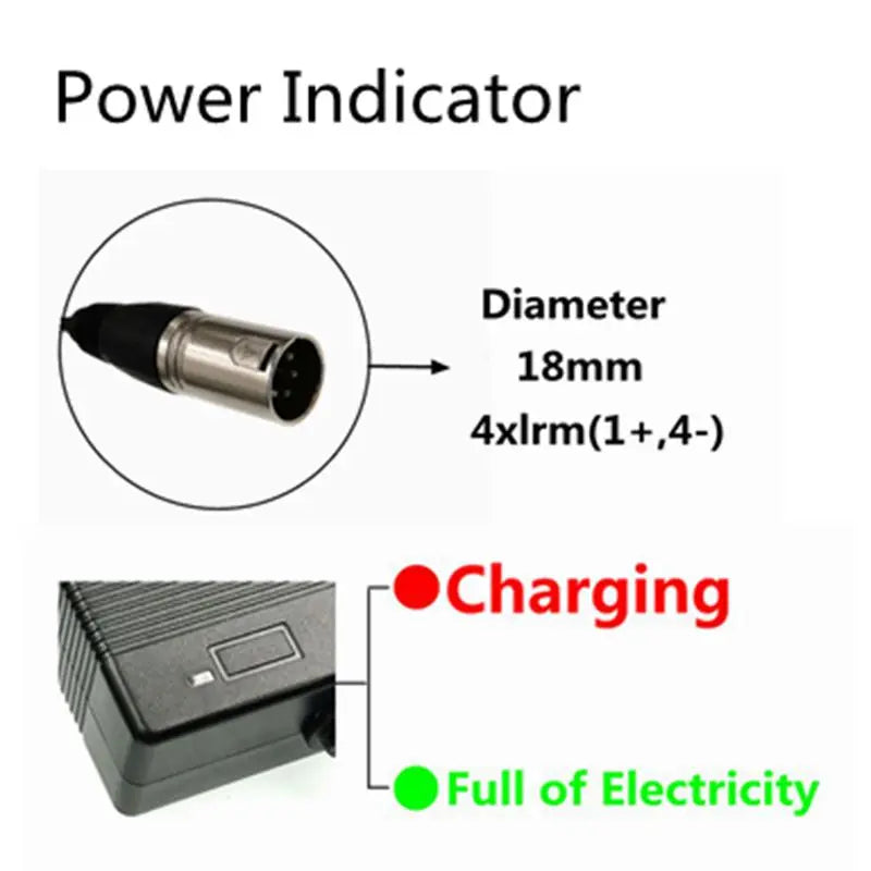 Power indicator light adapter diagram showing a circular inset of the cylindrical connector with text reading 'Diameter 18mm 4xlr(1+,4-)' and a main photo of the black rectangular light module with red 'Charging' and green 'Full of Electricity' labels.