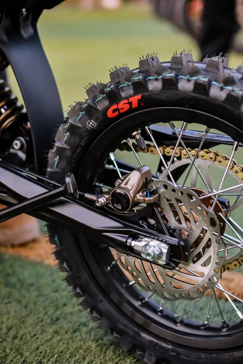 Close-up of a black off-road bicycle wheel with a knobby tire featuring a red CST logo, a silver disc brake, and a gold chainring, set on green grass.