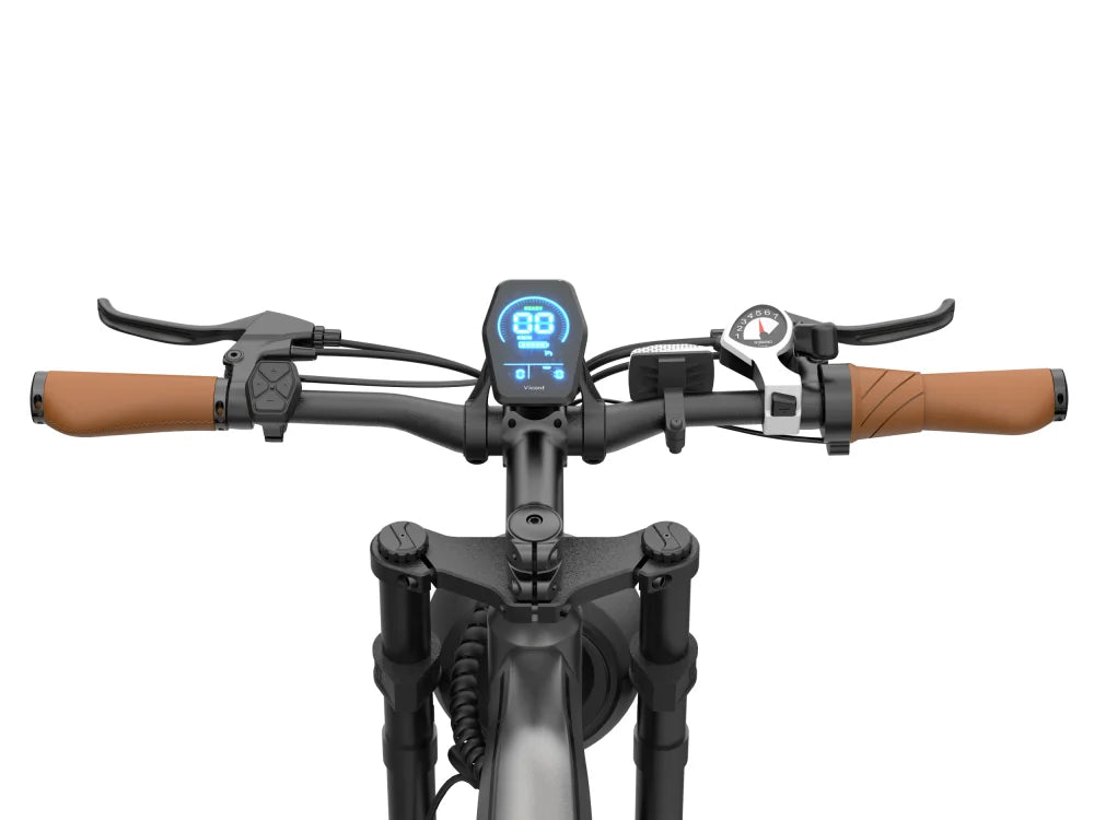 Front view of an electric bicycle handlebar with black components, brown grips, and a central digital display showing blue indicators, isolated on a white background.