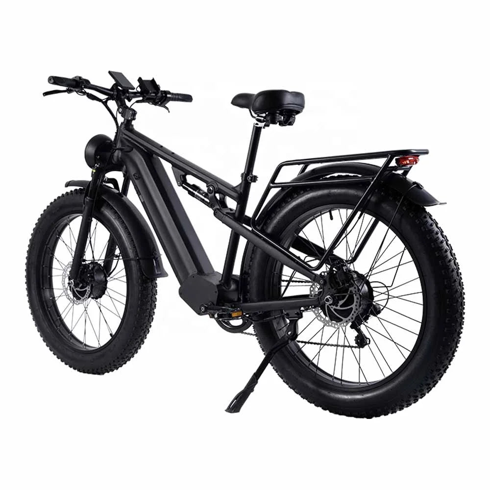 A matte black electric fat tire bicycle with a rear cargo rack, fenders, and a headlight, shown from a three-quarters angle on a white background.