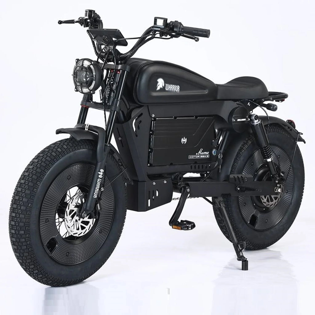 A black electric motorcycle with fat tires, a low step-through frame, and a black seat, photographed on a clean white studio background.