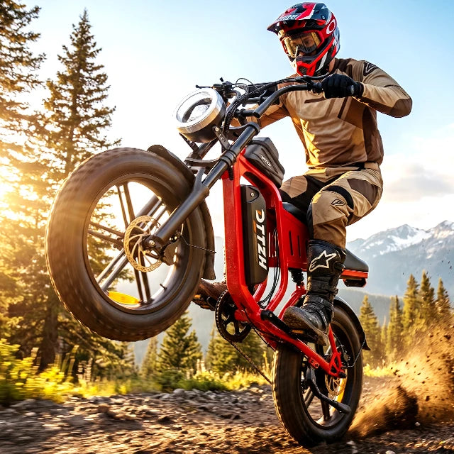 A rider in full red, black, and tan motorcycle gear performs a wheelie on a red and black electric dirt bike on a forest trail at sunset.