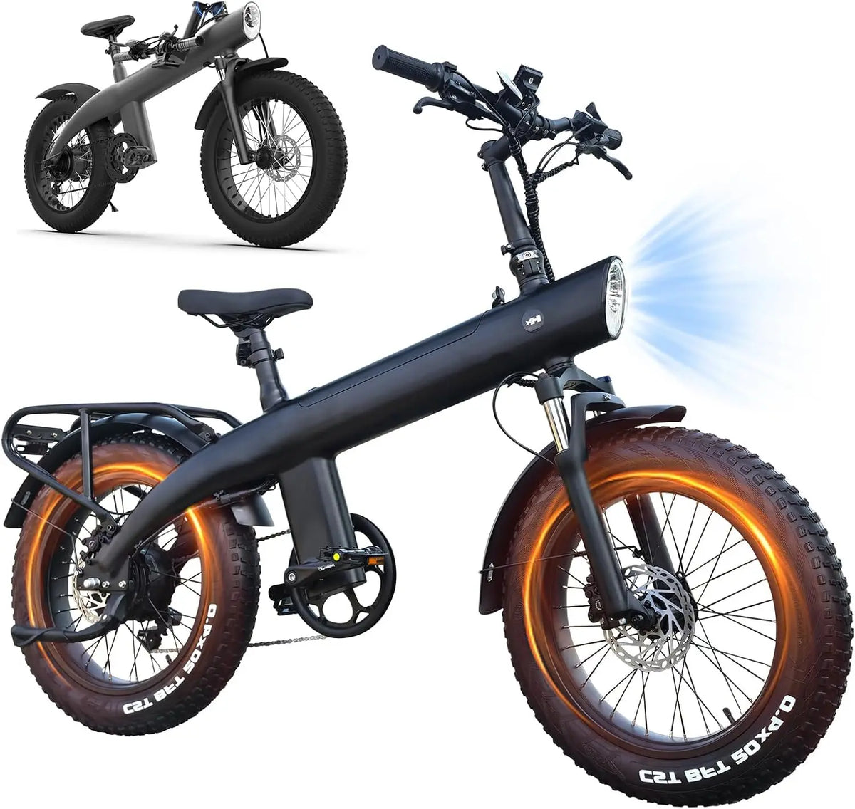 Black electric bike with orange wheels on a white background