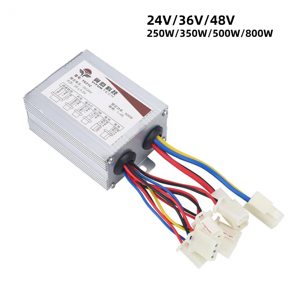 A silver aluminum motor driver power supply with multicolored output wires (red, yellow, blue, black) and white connector plugs, shown on a white background with text indicating voltage and wattage options.