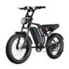 Children's electric bike with black frame and handlebars on a white background