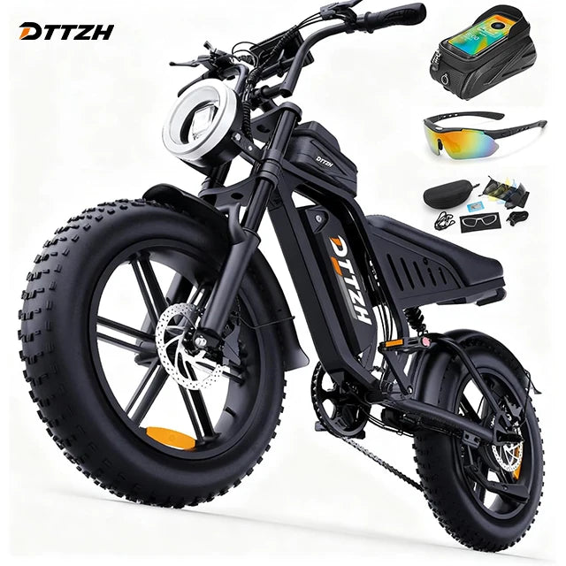 Black electric bike with accessories on a white background, featuring the brand 'DTTZH'.