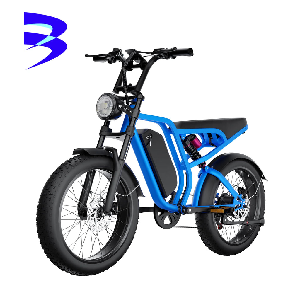 A blue and black electric fat-tire bicycle with a front headlight, black handlebars, and a black seat, shown on a plain white background with a blue brand logo in the top-left corner.