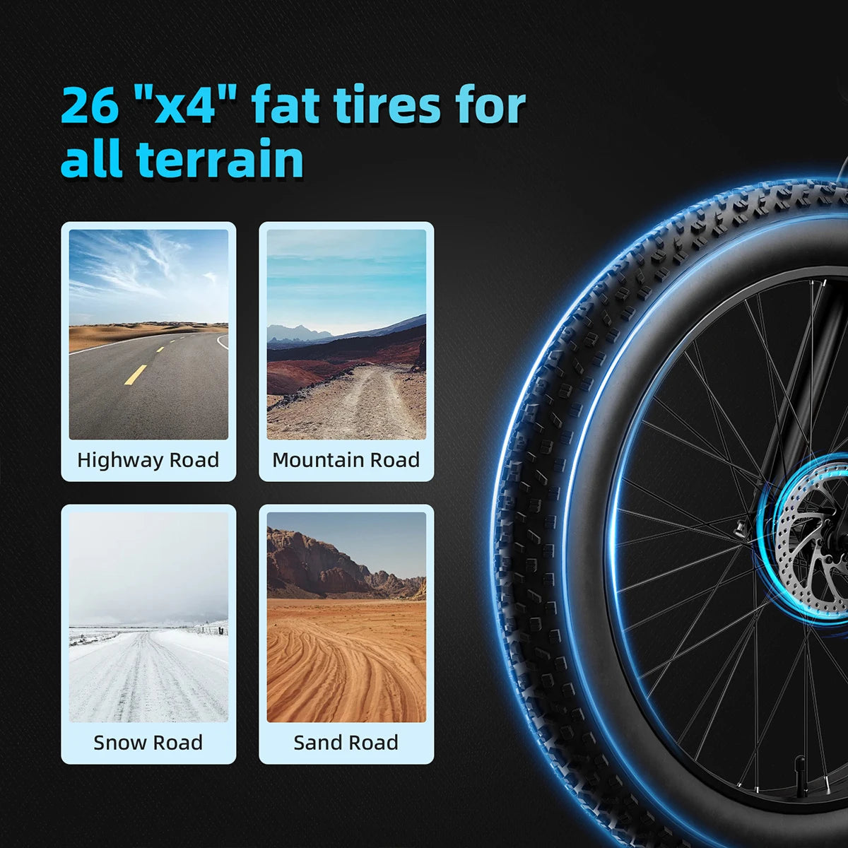 Bicycle tire with text '26" x 4" fat tires for all terrain' and images of different road conditions.