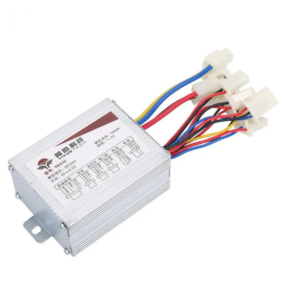 A silver aluminum electronic controller box with multicolored wires (red, blue, yellow, black) and white connector plugs, shown on a plain white background.