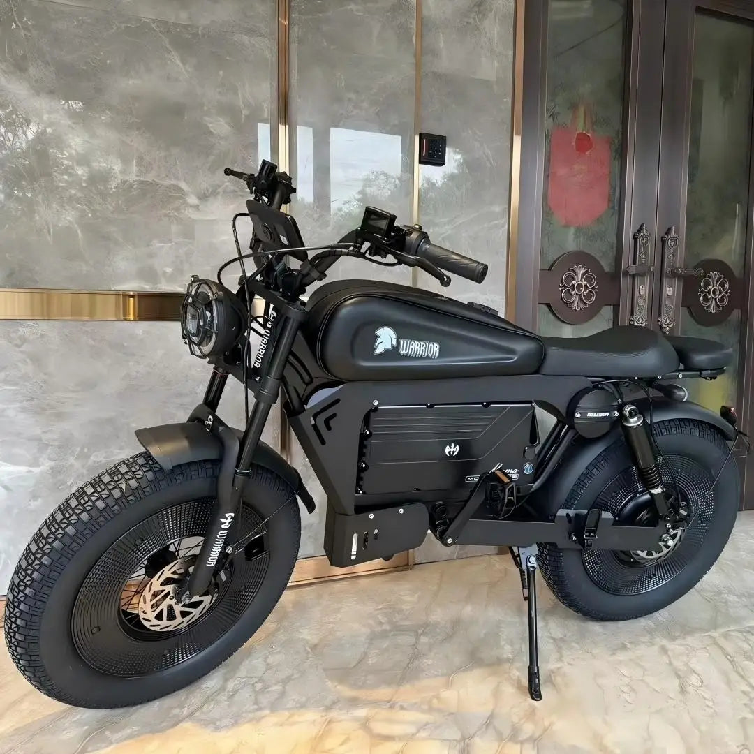Black electric motorcycle indoors with decorative elements in the background