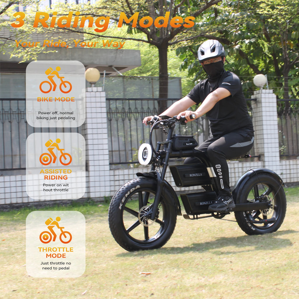Person riding an electric bike with three riding mode options displayed.
