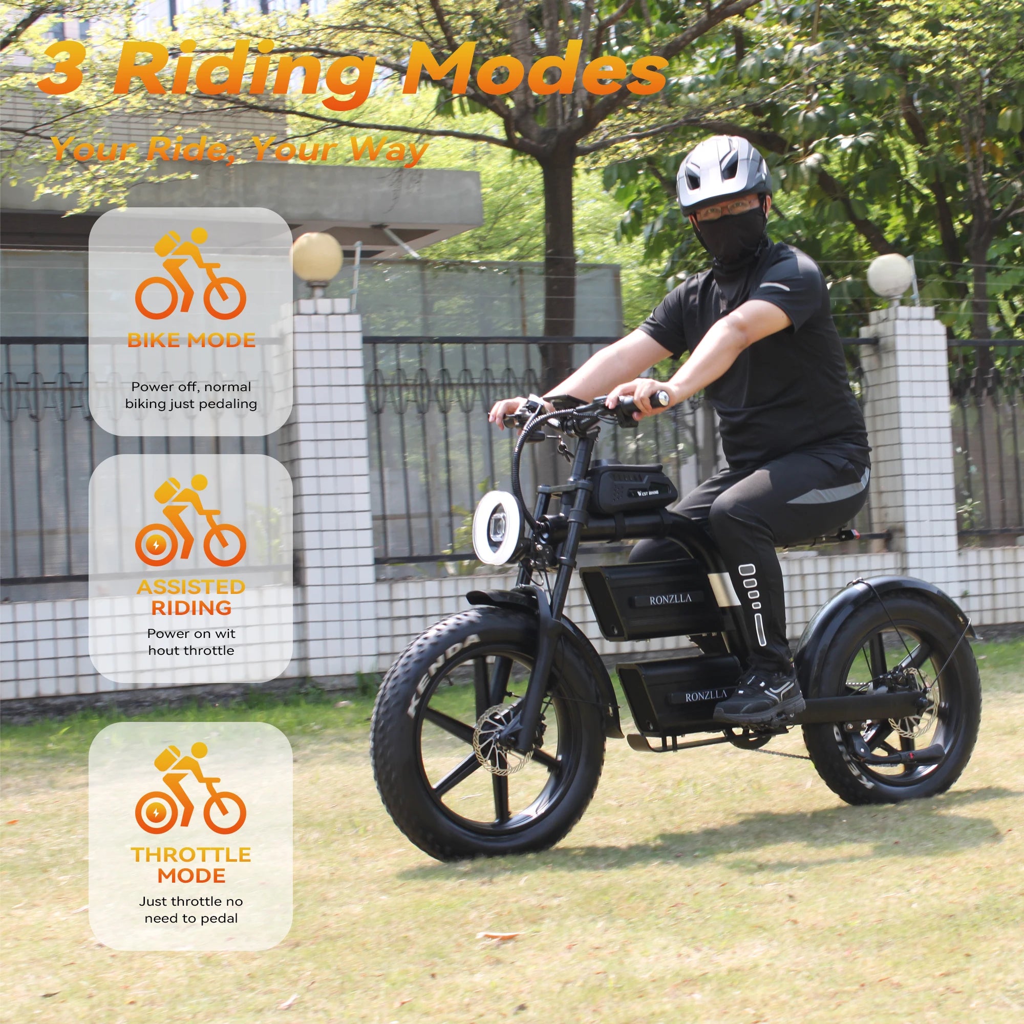 Person riding an electric bike with three riding mode options displayed.