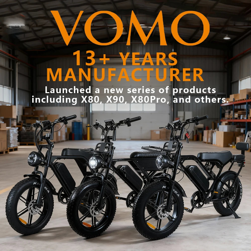 VOMO electric bikes in a warehouse setting with promotional text.