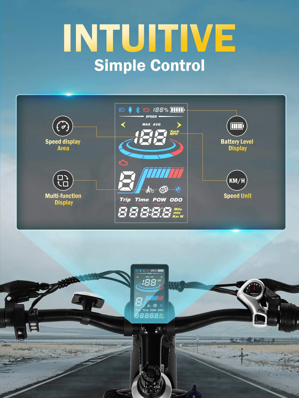 A digital motorcycle dashboard display shown mounted on a bike handlebar, with a large overlaid graphic explaining display features like speed display, battery level, and multi-function display. The top text reads 'INTUITIVE Simple Control' against a blue sky background.