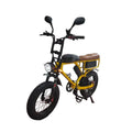 A small electric fat-tire bike with a bright yellow frame, black seat and mirrors, a brown saddle-style seat, and black tires, shown on a plain white background.