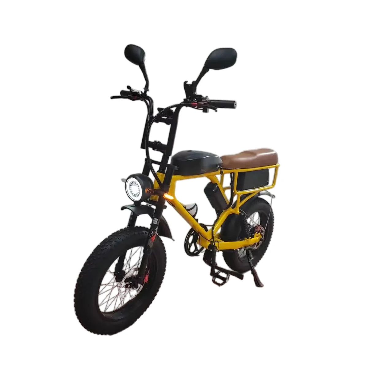 A small electric fat-tire bike with a bright yellow frame, black seat and mirrors, a brown saddle-style seat, and black tires, shown on a plain white background.