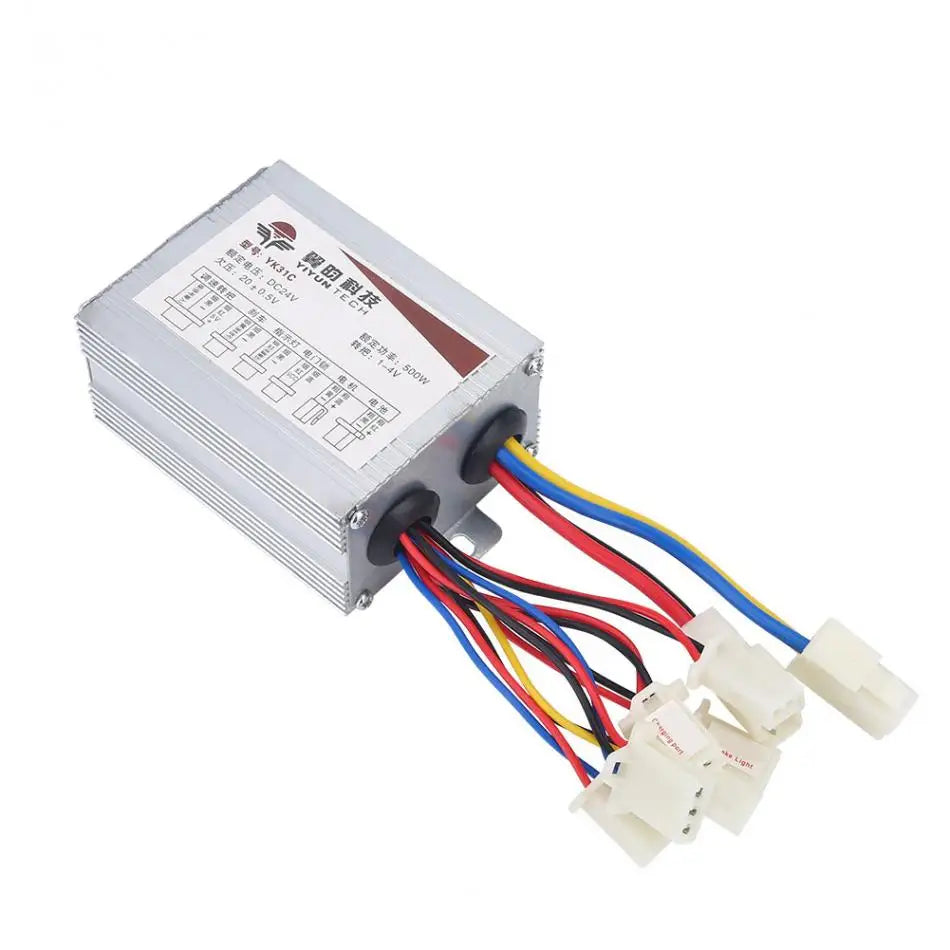 A silver aluminum metal electronic power supply module with a white label, featuring multiple colored wires (red, yellow, blue, black, white) and white connector plugs, shown on a plain white background.