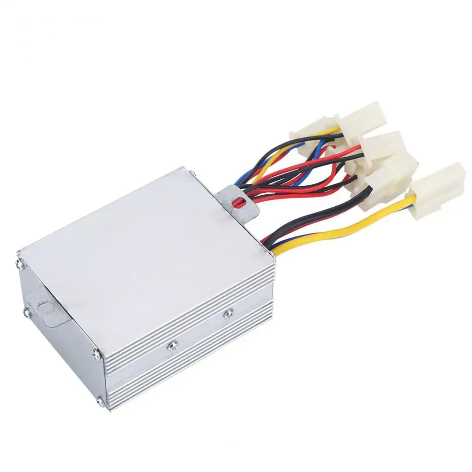 A silver aluminum electronic control box with multiple colored wires and white connector plugs, shown on a plain white background.