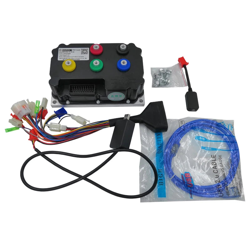 An electric scooter or motor controller kit with a black control box featuring colorful buttons, various wiring harnesses, a blue flexible cable in a plastic bag, mounting hardware, and a black switch, all arranged on a white background.