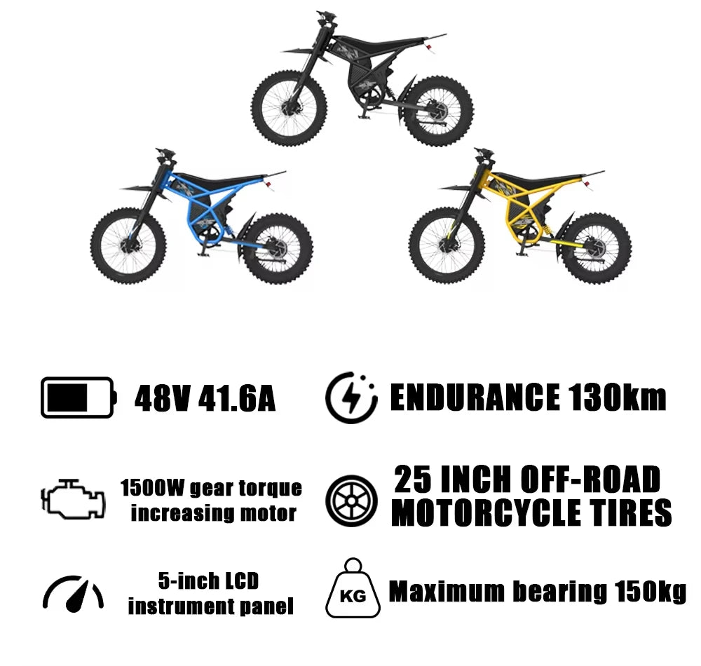 Three off-road motorcycles with specifications listed below on a white background