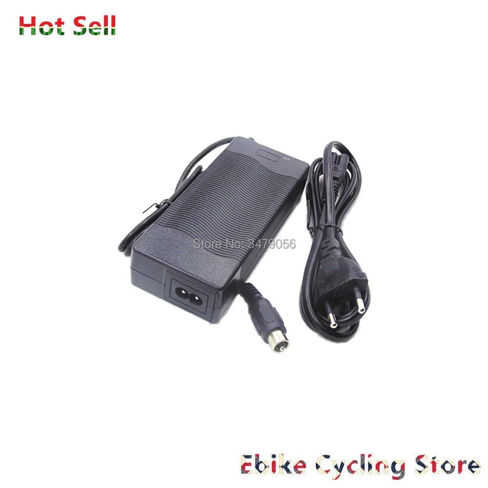 Black DC bike charger adapter with a power cord and barrel connector on a white background, featuring 'Hot Sell' and 'Ebike Cycling Store' text overlays.