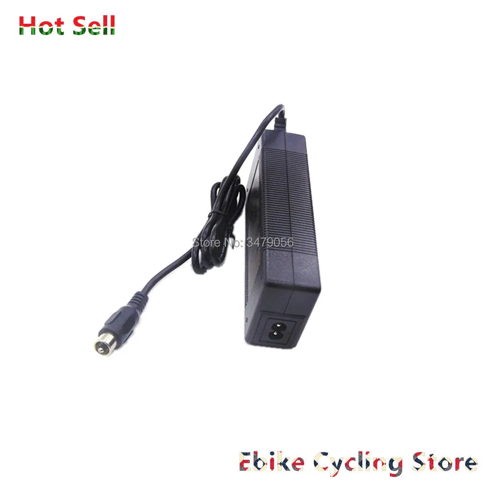 Black DC adapter power supply with a coiled cable and barrel connector, shown on a white background with 'Hot Sell' and 'Ebike Cycling Store' text overlays.