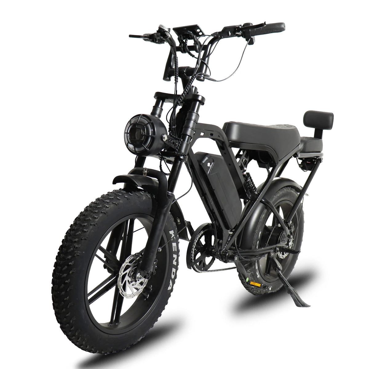 A black fat-tire electric bicycle with a rear passenger seat, black handlebars, and a headlight, shown on a white background with a shadow.