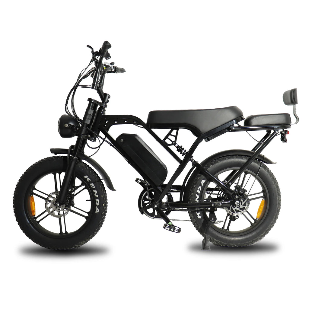 A black electric mini bike with fat tires, a step-through frame, a rear cargo platform, and a backrest, shown from a side profile on a white background.
