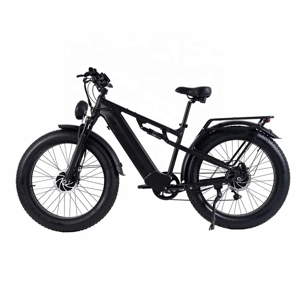 A matte black fat-tire electric bicycle with a rear cargo rack, front headlight, and suspension, shown from a side profile on a white background.