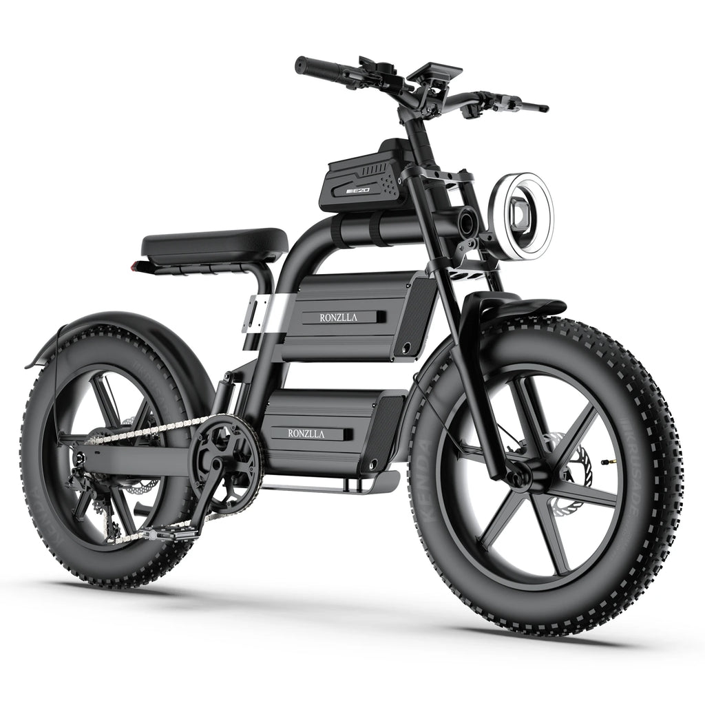 Black electric bike with visible branding on a white background
