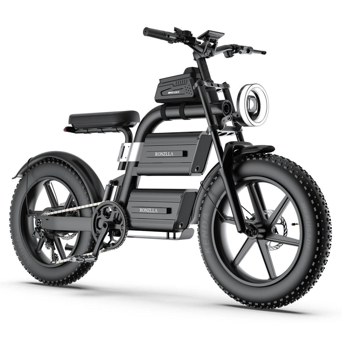 Black electric bike with visible branding on a white background