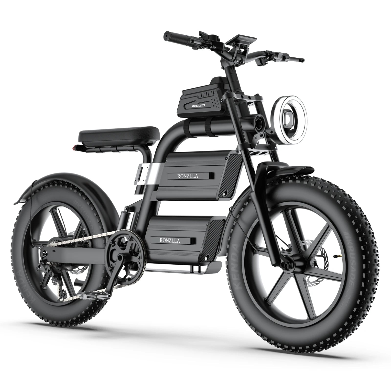 Black electric bike with visible branding on a white background