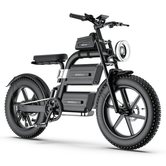 Black electric bike with visible branding on a white background