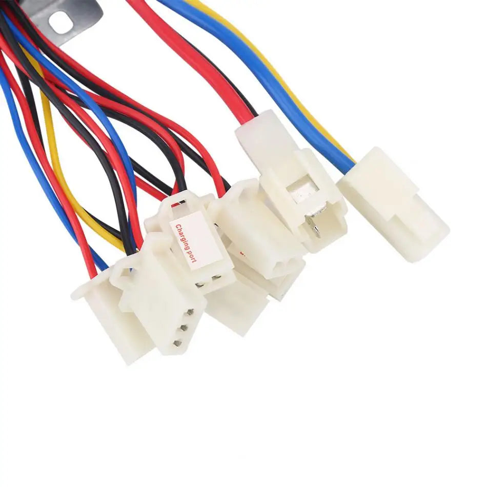 A multi-pin electrical wiring harness connector assembly with white plastic sockets and multicolored wires in red, blue, yellow, and black on a white background.