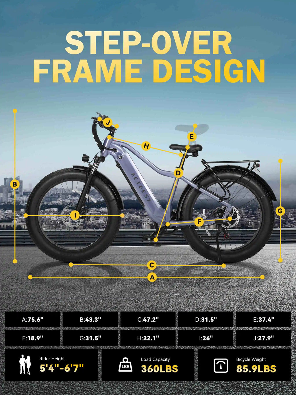 A step-over frame electric bicycle shown with large dimension callouts and measurement labels across the full product, plus a black info panel at the bottom with height, load capacity, and weight. This is not a plain product photo because the primary purpose is explanatory sizing information, so subject_type is Measurement Chart rather than Product/Packaging.