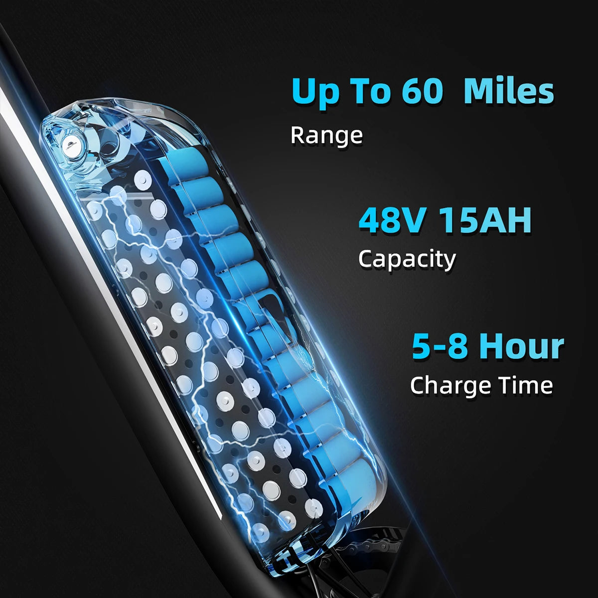 Battery pack with specifications on a dark background