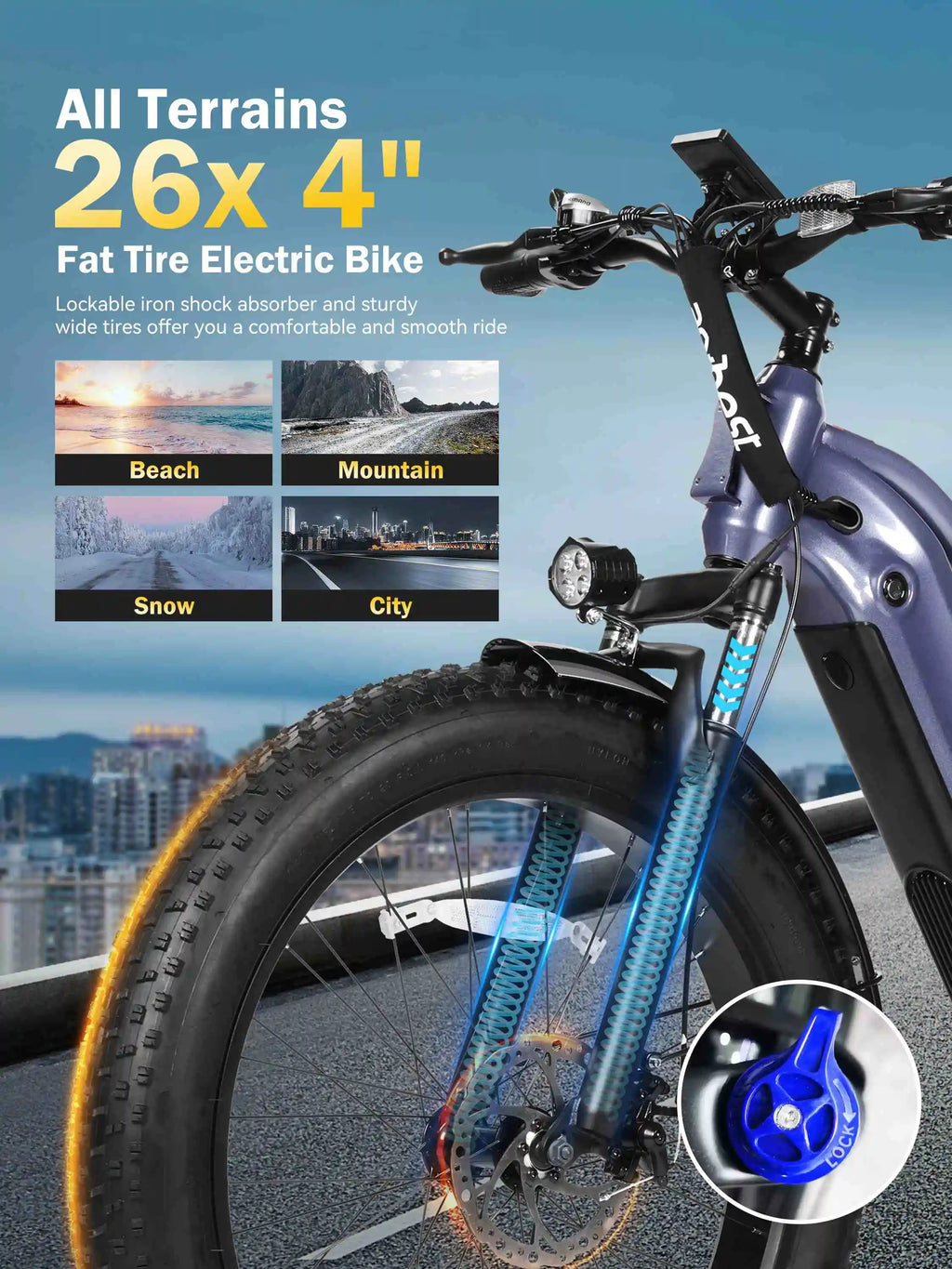 A close-up promotional photo of a fat tire electric bike with a purple frame and blue front fork, shown on a city street with overlaid marketing text, small landscape-use images, and a circular inset showing a blue lockable brake lever.