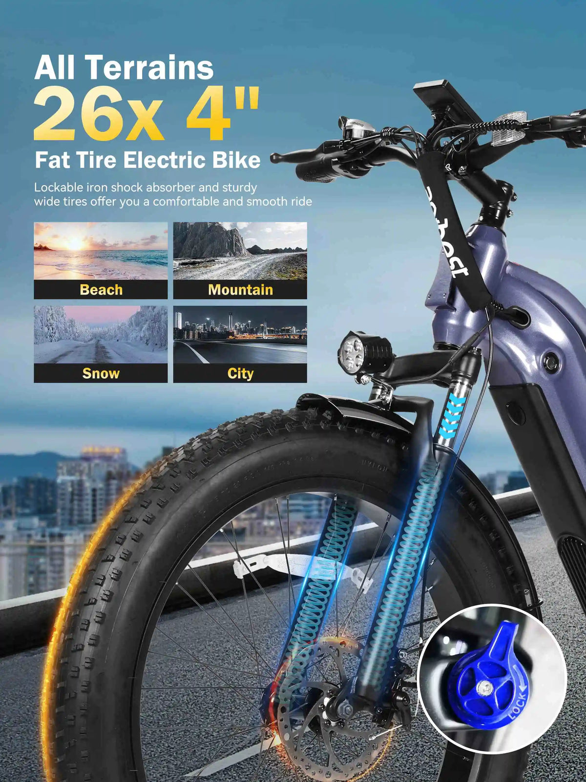 A close-up promotional photo of a fat tire electric bike with a purple frame and blue front fork, shown on a city street with overlaid marketing text, small landscape-use images, and a circular inset showing a blue lockable brake lever.