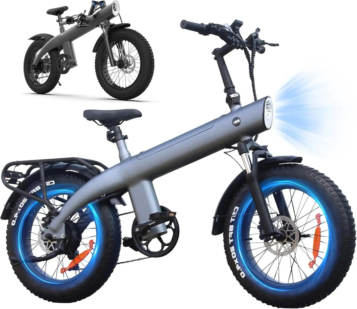 Gray electric bike with blue accents on a white background