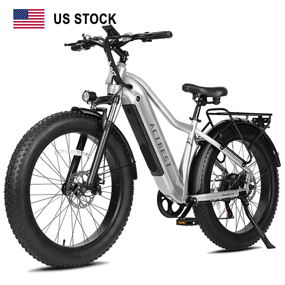 A silver and black AltBest electric fat tire bike with a rear cargo rack, front suspension, and front LED light, shown on a white background with a US Stock label and American flag graphic.