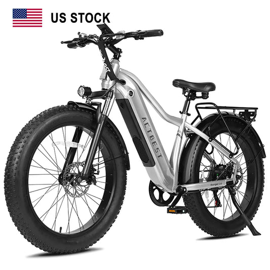 A silver and black AltBest electric fat tire bike with a rear cargo rack, front suspension, and front LED light, shown on a white background with a US Stock label and American flag graphic.