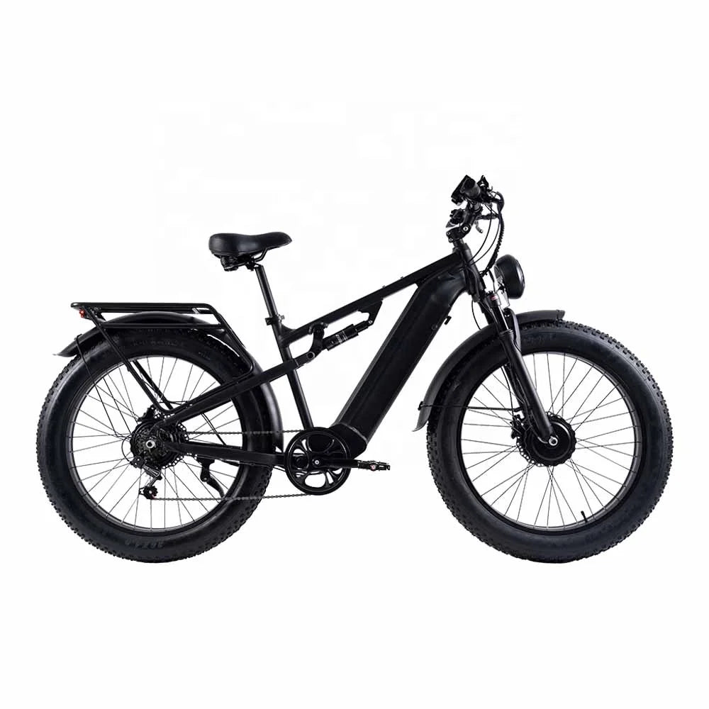 A black fat-tire electric bicycle with a rear cargo rack, front suspension fork, and integrated headlight, shown from a side profile on a solid white background.