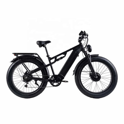 A black fat-tire electric bicycle with a rear cargo rack, front suspension fork, and integrated headlight, shown from a side profile on a solid white background.