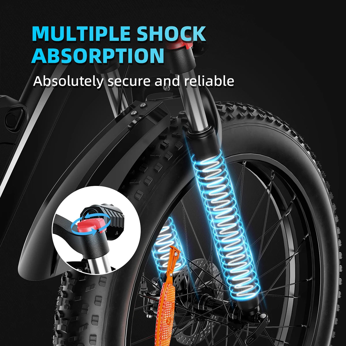 Bicycle suspension fork with multiple shock absorption feature on a black background