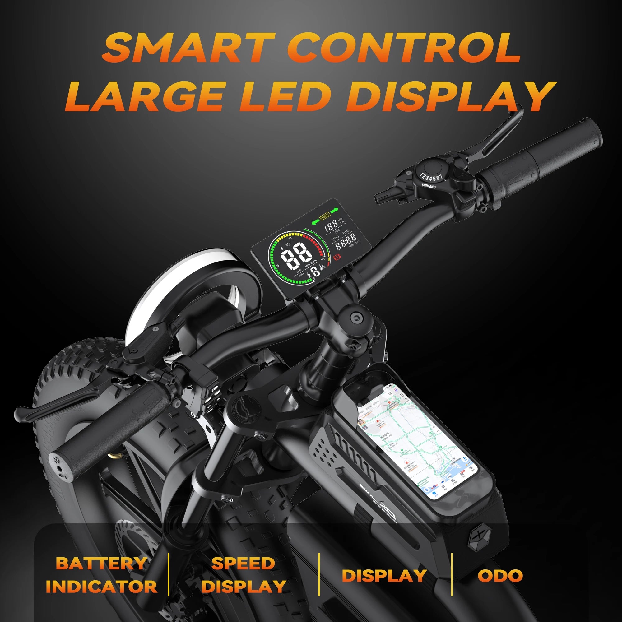 Motorcycle handlebar with digital display and smartphone mount on a dark background