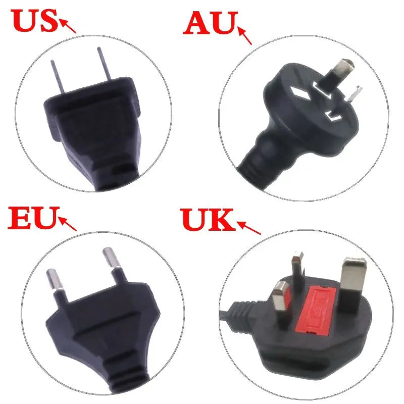 Four different types of plugs labeled US, AU, EU, and UK on a white background.