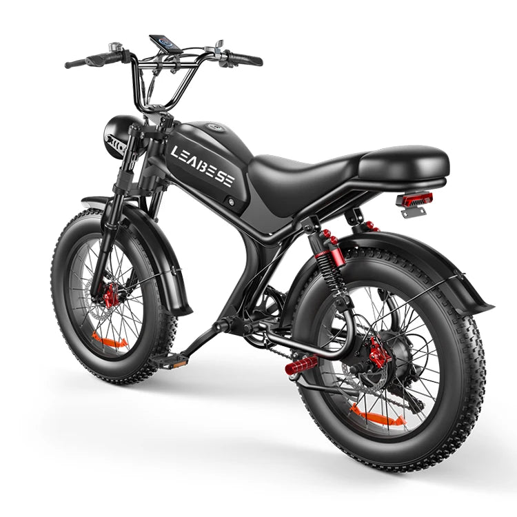 A black LEABEE electric fat-tire moped with red accents, shown from a three-quarters rear angle on a white studio background.