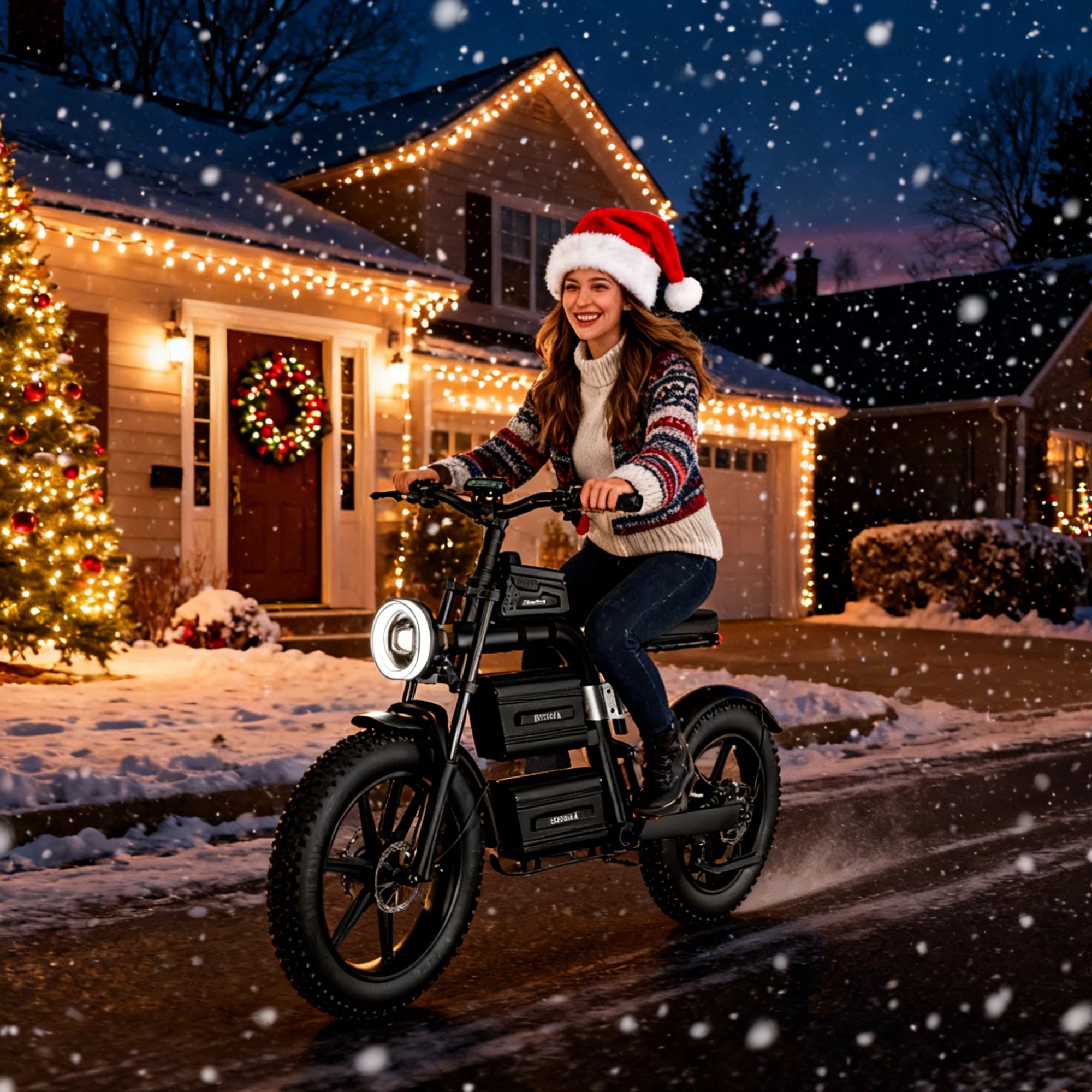 A woman wearing a Santa hat rides a black electric moped with fat tires down a snowy residential street decorated for Christmas at night.